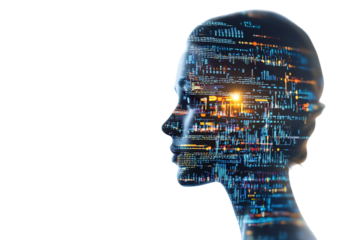 A conceptual representation of a digital human head silhouette filled with vibrant data streams and binary codes, isolated on a black background.
