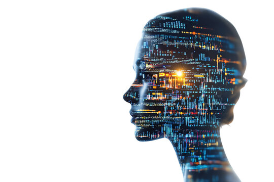 A conceptual representation of a digital human head silhouette filled with vibrant data streams and binary codes, isolated on a black background.