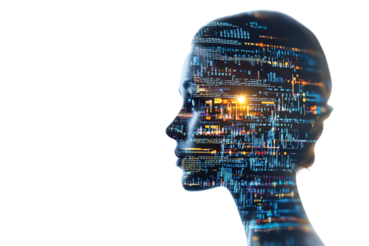A conceptual representation of a digital human head silhouette filled with vibrant data streams and binary codes, isolated on a black background.