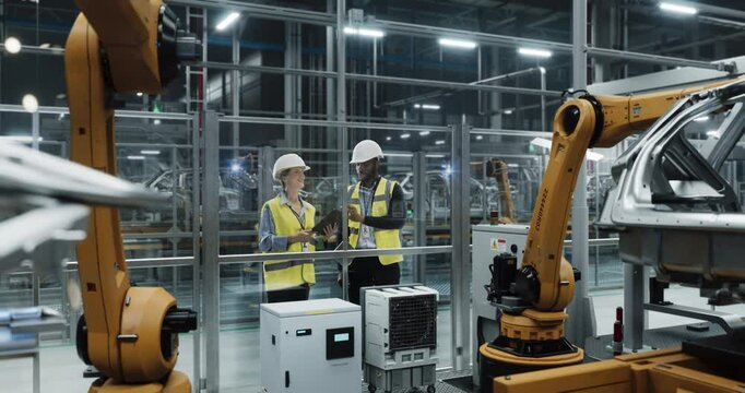 Male Specialist and Female Car Factory Engineer Using Laptop Computer and Having a Conversation. Automotive Industrial Manufacturing Facility Working on Vehicle Production, Using Advanced Robotics