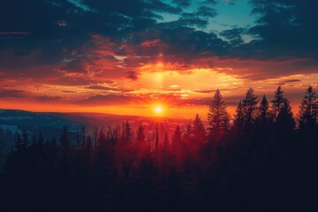 Stunning Sunset Over Forest Landscape Nature Photography Serene Atmosphere Scenic View