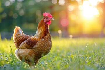 Free-Range Chicken Exploring Green Pasture at Sunset Nature Photography Vibrant Mood