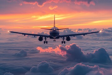 Airplane Landing at Sunset Over Clouds Aerial View Travel Photography Concept