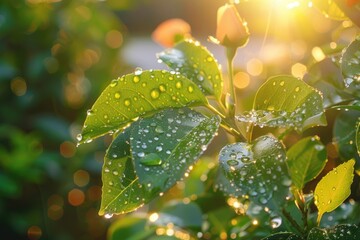 Morning Dew on Green Leaves Nature Close-Up Photography Sunlit Environment