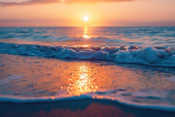 Sunset Waves Crash on Shoreline Coastal Beach Nature Photography Serene Environment