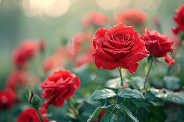 Vibrant Red Roses Blooming in a Garden Nature Photography Soft Light Close-up