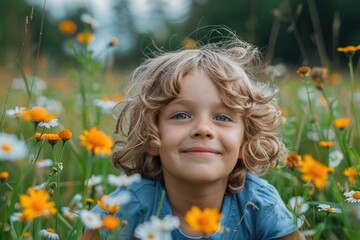 Joyful Child in a Flower Field Nature Photography Outdoor Natural Light Happiness