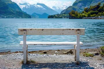 Relaxing Bench by the Serene Lake Norwegian Landscape Nature Photography Scenic View