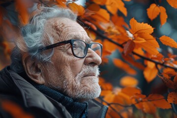 Reflective Elderly Man Enjoying Autumn Leaves in a Tranquil Nature Setting