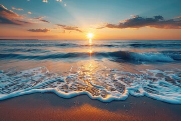 Nature's Serenity Sunrise Over Ocean Waves in a Tranquil Beach Landscape