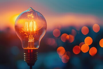 Captivating Light Bulb at Sunset Urban Setting Photography Warm Atmosphere Close-Up