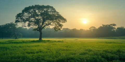Obraz premium Tranquil sunrise over lush green field nature landscape early morning serenity peaceful environment captivating view natural beauty
