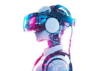 A futuristic humanoid robot wearing a virtual reality headset, showcasing advanced technology and digital enhancements, isolated on a white background.