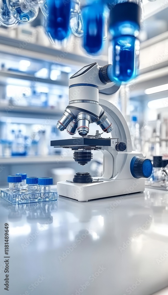 Aufkleber laboratory microscope on table, surrounded by flasks and test tubes in a bright modern lab
