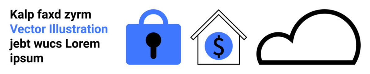 Cloud security concept with a blue lock, house icon with dollar sign, and cloud. Ideal for technology, finance, banking, cybersecurity, cloud storage, online safety, and digital transactions. Banner