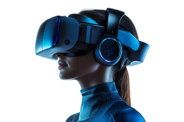 A person immersed in virtual reality, wearing a high-tech VR headset and headphones, showcasing the future of digital experiences in a sleek, modern design.