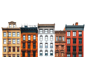 Fototapeta premium A row of charming historic buildings showcasing diverse architectural styles and colors against a clear white background.