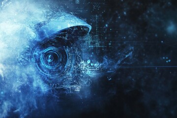 Naklejka premium Futuristic blue surveillance camera and digital network interface