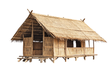 A traditional bamboo house with a thatched roof, set against a white isolated background, showcasing rural architectural design and craftsmanship.