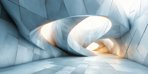 Dynamic architectural design modern art gallery 3d interior abstract environment wide angle view innovative aesthetics for creative inspiration