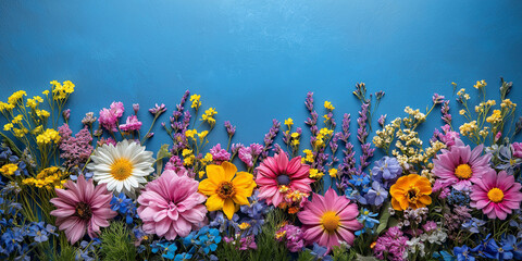 Vibrant floral arrangement studio photography bright blue background close-up nature's beauty celebrated
