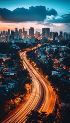 Fototapeta premium Urban Lights Trail, Honolulu City Skyline at Sunset, Aerial View of Illuminated Highway