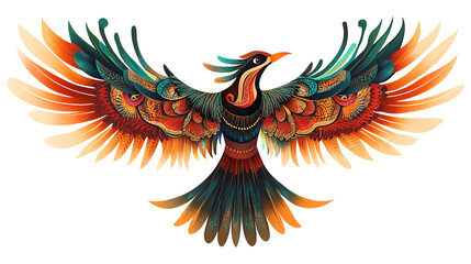 Fototapeta premium A vibrant, artistic illustration of a bird with colorful feathers, showcasing intricate patterns and details against a white background.