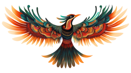 A vibrant, artistic illustration of a bird with colorful feathers, showcasing intricate patterns and details against a white background.