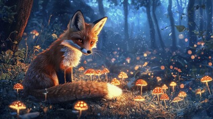 Obraz premium A fox with bright eyes sits in an enchanted forest surrounded by glowing mushrooms. Magical atmosphere, nature, forest scene, evening light, mystery. Generated by AI.