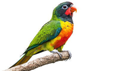 Fototapeta premium A vibrant and colorful parrot perched gracefully on a branch, showcasing its brilliant feathers and striking features against a white background.