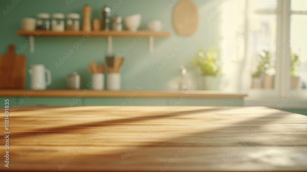 Poster Sunlight streaming through a kitchen window, illuminating an empty wooden table. Creating an ideal setting for product placement or showcasing culinary masterpieces in a warm, inviting atmosphere
