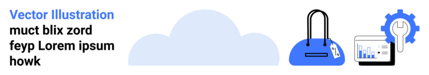 Cloud, handbag, analytics chart, gear with wrench. Ideal for cloud services, e-commerce, data analysis, tech support web apps IT solutions software integration. Landing page