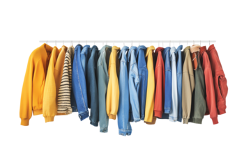 A vibrant collection of casual jackets hanging on a clothes rack, showcasing a variety of colors and styles on a white isolate background.