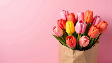 Fototapeta premium Tulips bouquet on pink background. Copy space