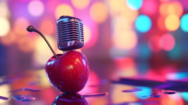 A glossy cherry sits proudly with a vintage microphone nestled inside, surrounded by a blur of colorful bokeh lights, creating a whimsical and artistic atmosphere filled with musical charm