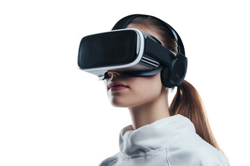 A woman wearing virtual reality goggles, immersed in an interactive experience. Futuristic technology enhances her engagement with digital environments.