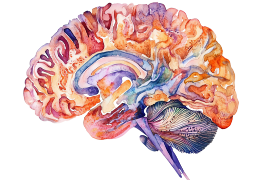 A vibrant watercolor illustration of a human brain in intricate detail. The color palette showcases an array of warm and cool tones for visual impact.