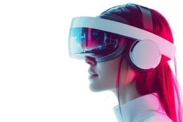 A young woman wearing a VR headset, immersed in a digital world, with vibrant neon colors enhancing the futuristic atmosphere.