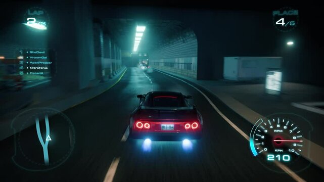 Arcade Style Racing Game with Neon Cityscapes. Players Drift Through Tunnels, Speed Past Rivals and Chase Victory in a Multiplayer Battle. Stunning Graphics Perfect for Screen Replacement