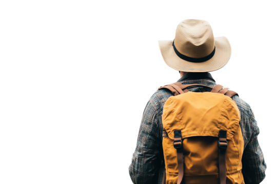 Adult traveler wearing a yellow backpack and a hat, looking into the distance against a white isolated background.