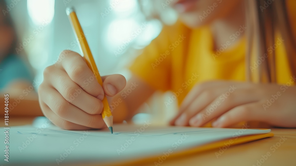 Poster Close up of a child's hand gripping a pencil, creating colorful drawings on paper at a desk in an elementary school classroom, with another student softly blurred in the background