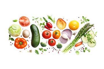 Colorful assortment of fresh vegetables arranged on a white isolate background, showcasing healthy eating and vibrant colors.