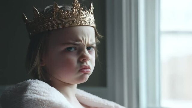 A spoilt little princess wearing a golden crown and pouting dramatically in a regal setting.