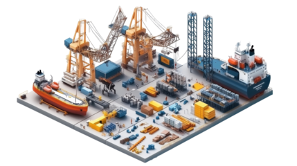 Isometric Illustration of a Busy Cargo Port with Cranes, Ships, and Containers