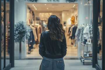 Woman standing with her back to the viewer in front of a clothing store and looking at its door in a shopping centre