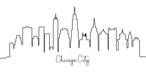 Fototapeta premium One line style Chicago City skyline. Simple modern minimaistic style vector, One single line drawing of Chicago city skyline, United States. Historical town landscape in the world. Best holiday.