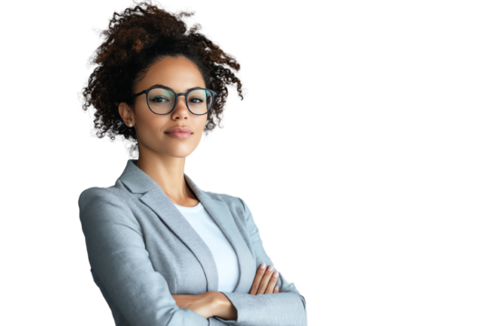 Confident young woman in a smart business suit, looking forward with a determined expression, isolated on a white background.