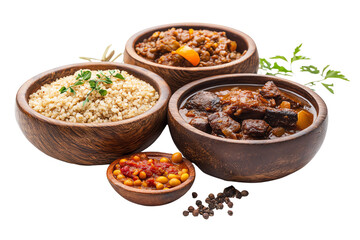 Delicious ethnic dishes served in wooden bowls, featuring lentils, rice, and savory meat, garnished with herbs, perfect for showcasing diverse cuisine.