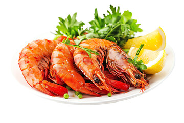 Delicious shrimp served on a white plate with fresh greens and lemon slices, perfect for seafood lovers and culinary presentations.