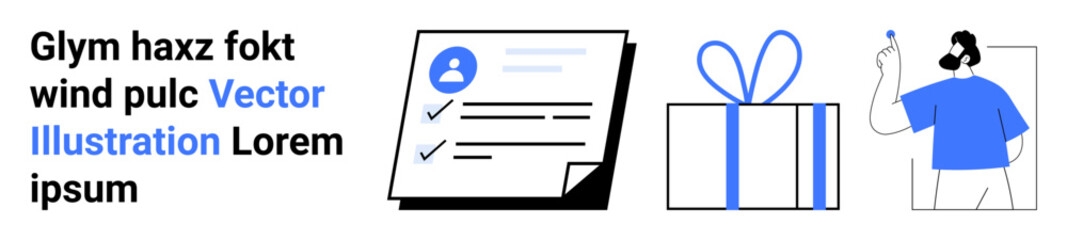 Profile checklist, a gift box with ribbon, and a person holding a pen represent organization, gift-giving, and communication. Ideal for business, teamwork, holidays, planning personal branding